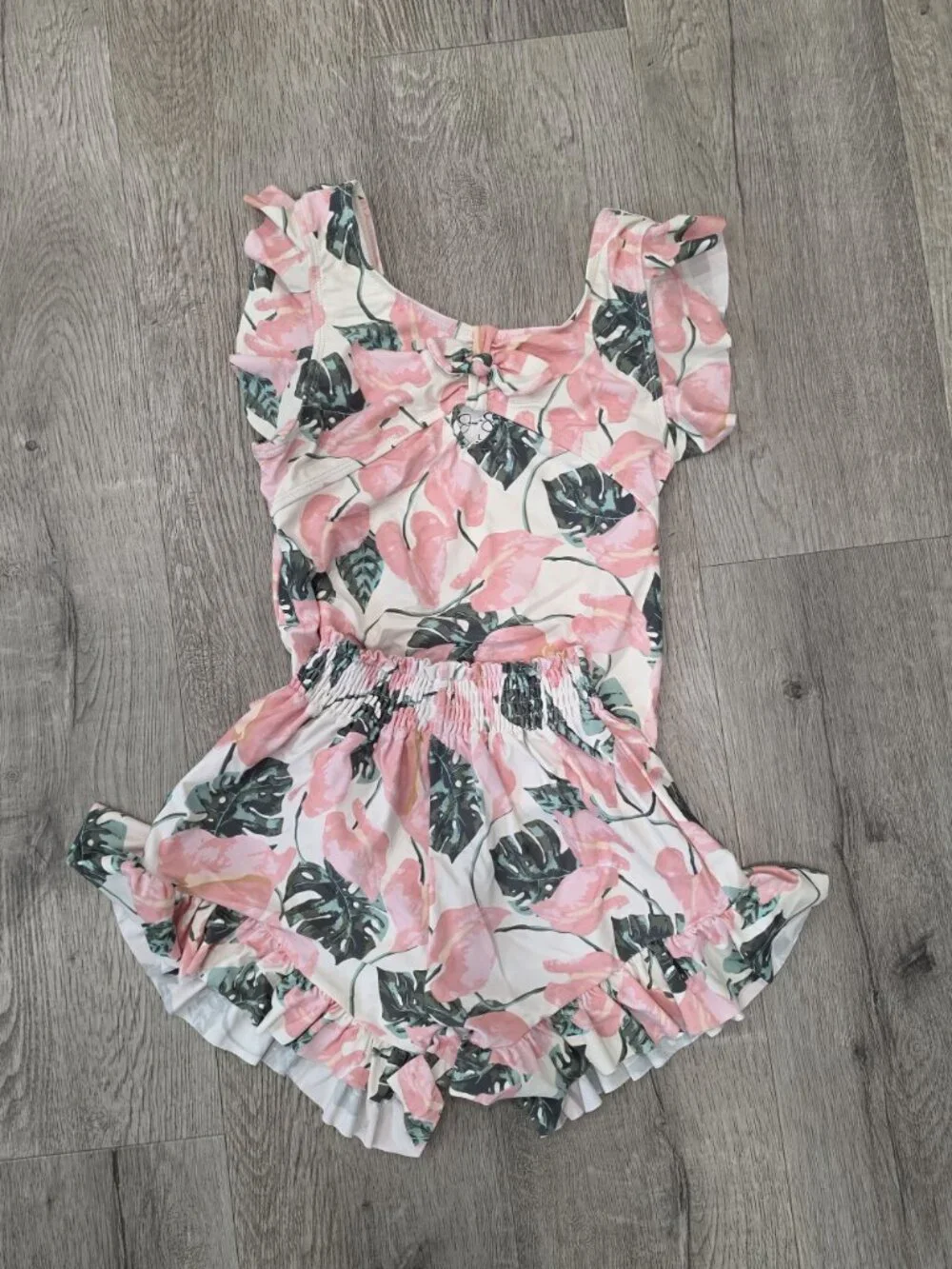Jessica Simpson Girls Tropical Leaf Print One-Piece Swimsuit Ruffle Shorts Set S